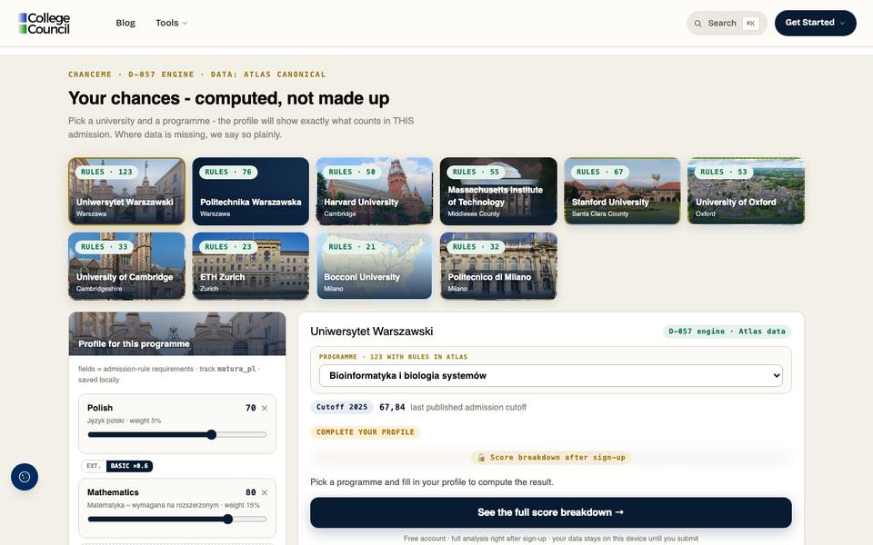 ChanceMe page of the College Council app, September 2026