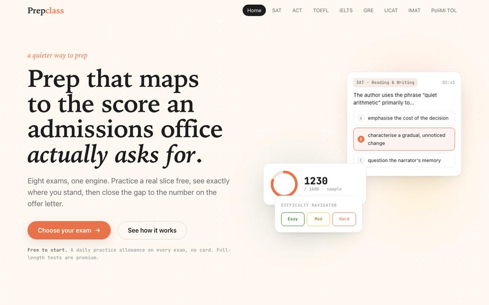 Prepclass landing page, September 2026